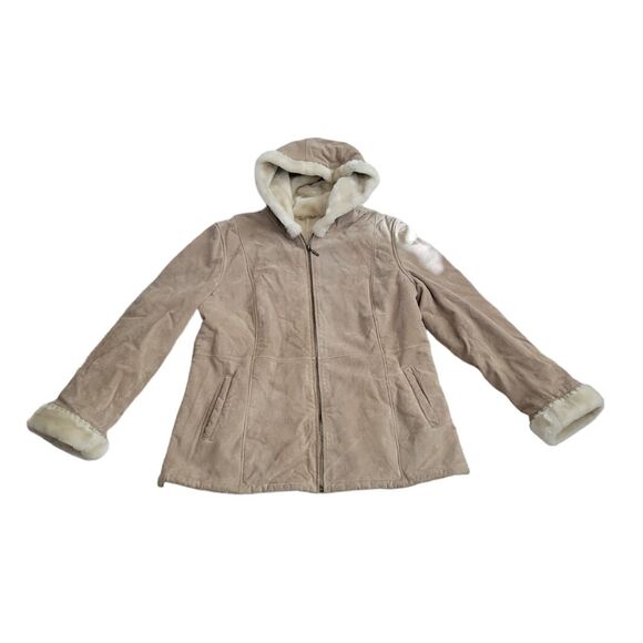 EMC Women's tan 100% leather faux fur lined jacked size XL hooded - Picture 2 of 11